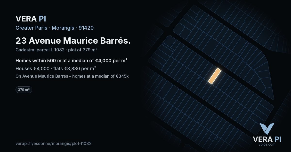 23 Avenue Maurice Barrés, Morangis at night – the plot lit, the parcels around coloured by the prices near them