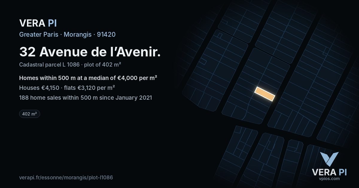 32 Avenue de l’Avenir, Morangis at night – the plot lit, the parcels around coloured by the prices near them