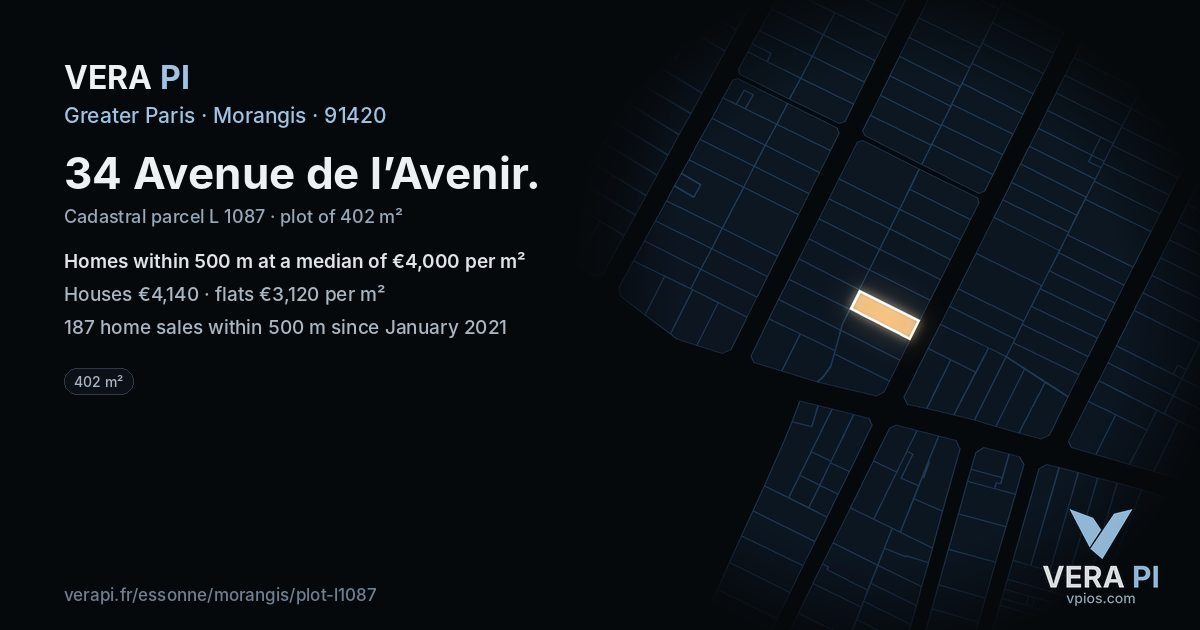 34 Avenue de l’Avenir, Morangis at night – the plot lit, the parcels around coloured by the prices near them