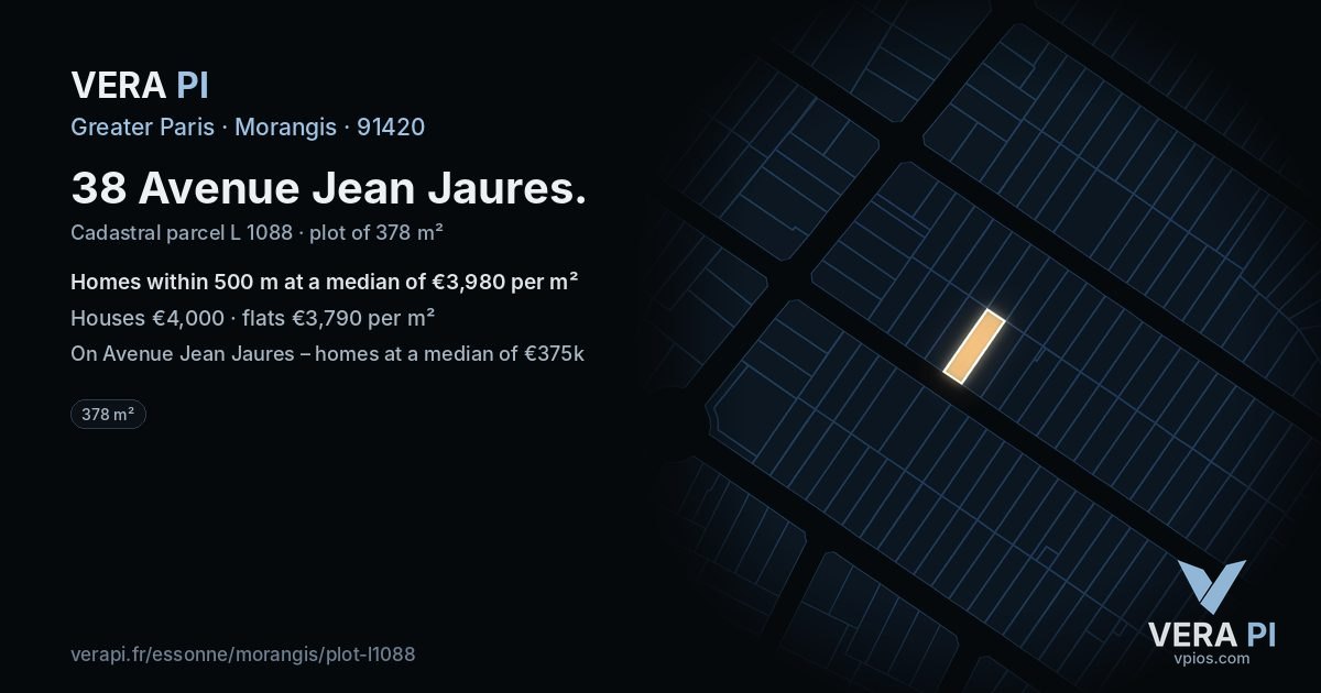 38 Avenue Jean Jaures, Morangis at night – the plot lit, the parcels around coloured by the prices near them