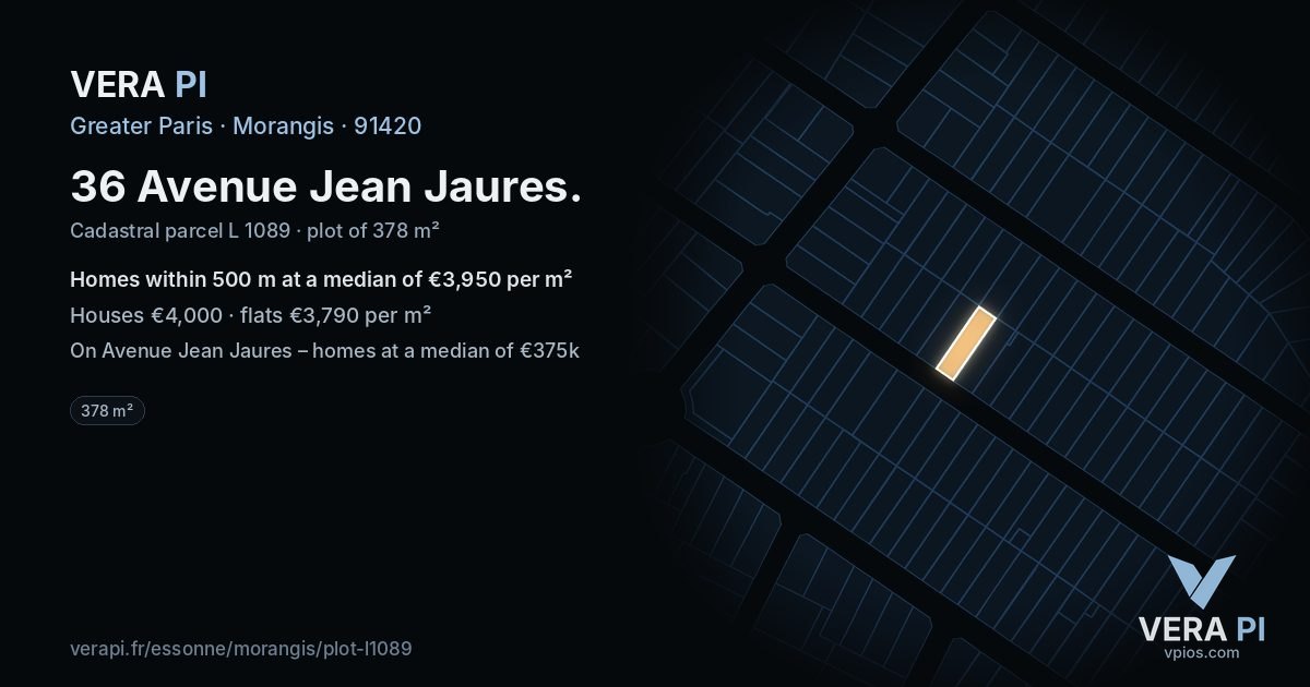36 Avenue Jean Jaures, Morangis at night – the plot lit, the parcels around coloured by the prices near them