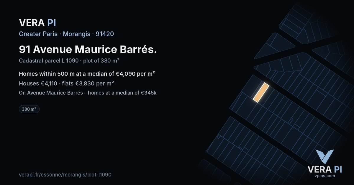 91 Avenue Maurice Barrés, Morangis at night – the plot lit, the parcels around coloured by the prices near them
