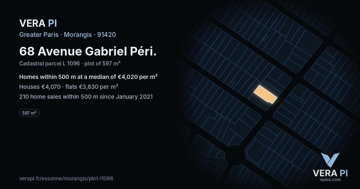 68 Avenue Gabriel Péri, Morangis at night – the plot lit, the parcels around coloured by the prices near them