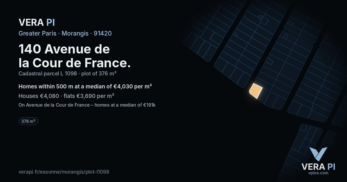 140 Avenue de la Cour de France, Morangis at night – the plot lit, the parcels around coloured by the prices near them