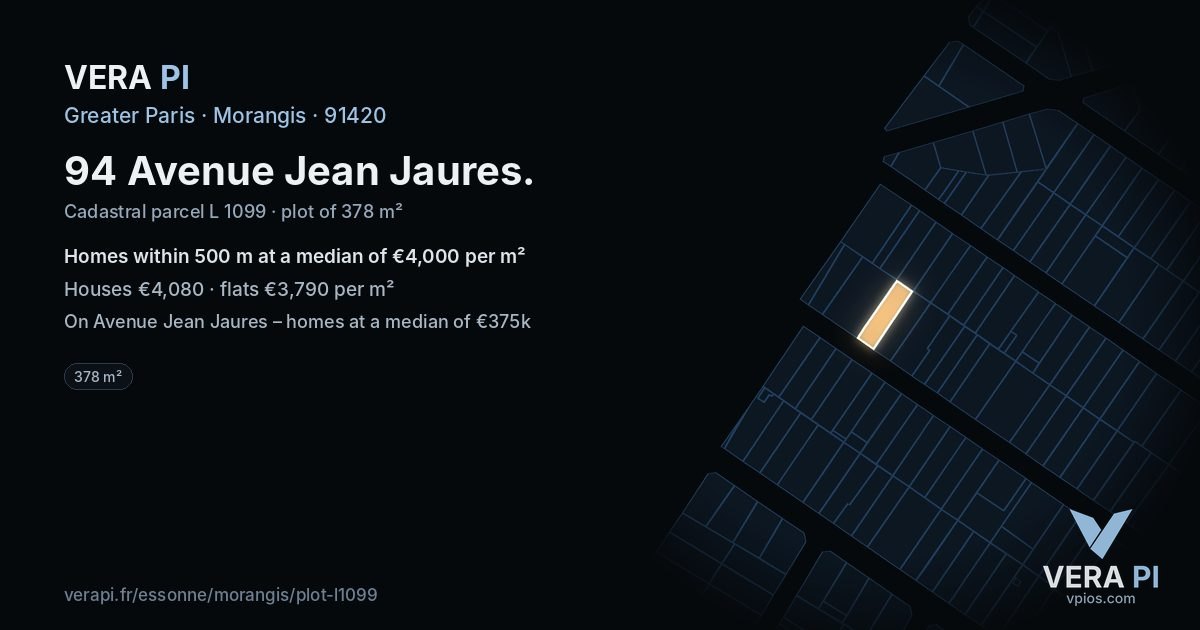 94 Avenue Jean Jaures, Morangis at night – the plot lit, the parcels around coloured by the prices near them