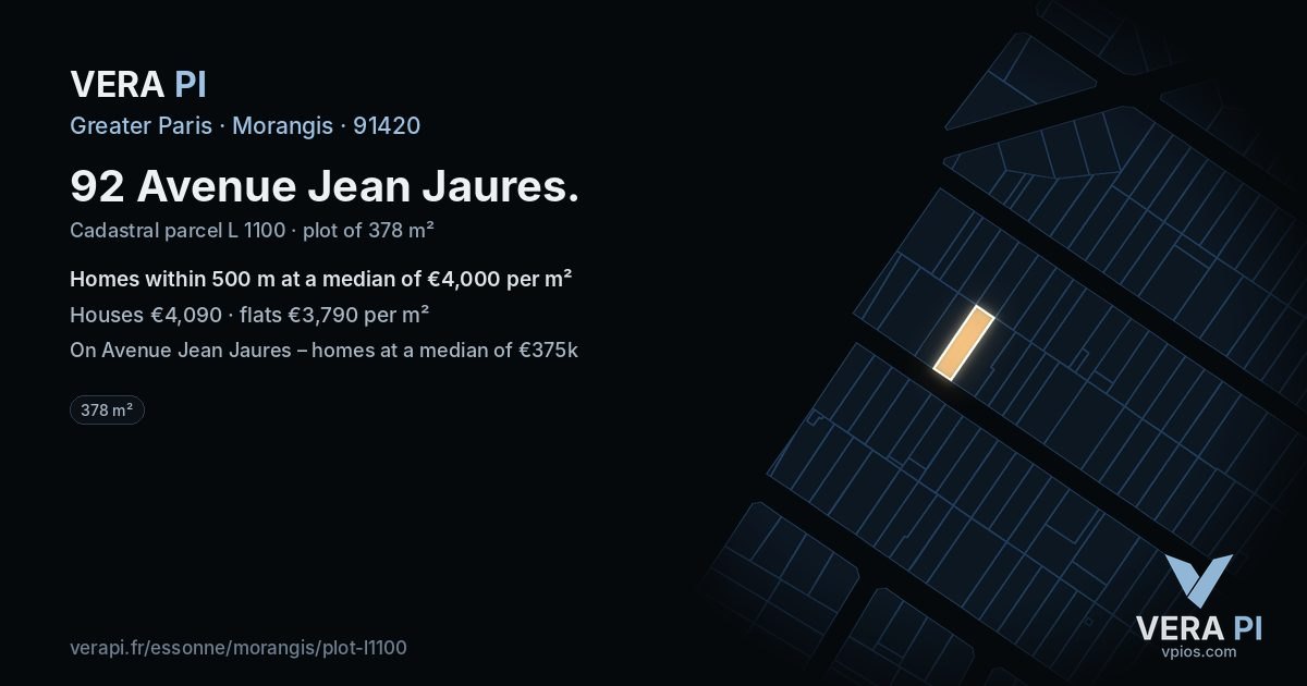 92 Avenue Jean Jaures, Morangis at night – the plot lit, the parcels around coloured by the prices near them