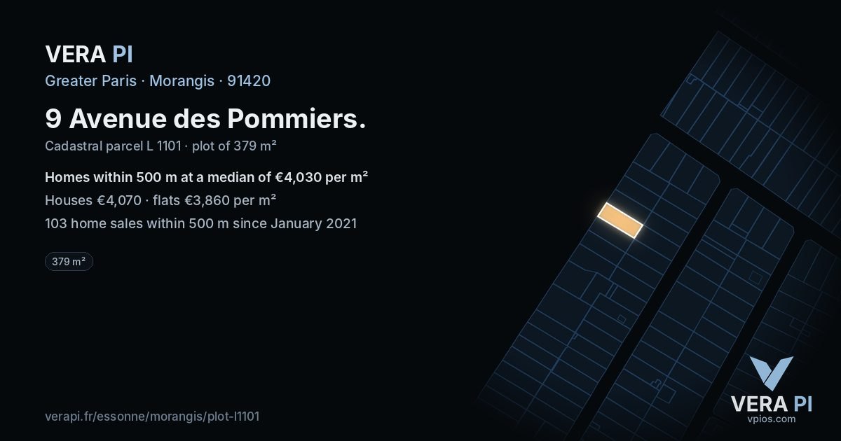 9 Avenue des Pommiers, Morangis at night – the plot lit, the parcels around coloured by the prices near them