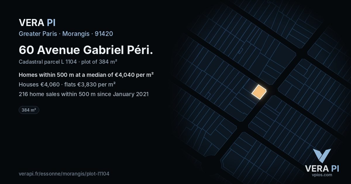 60 Avenue Gabriel Péri, Morangis at night – the plot lit, the parcels around coloured by the prices near them