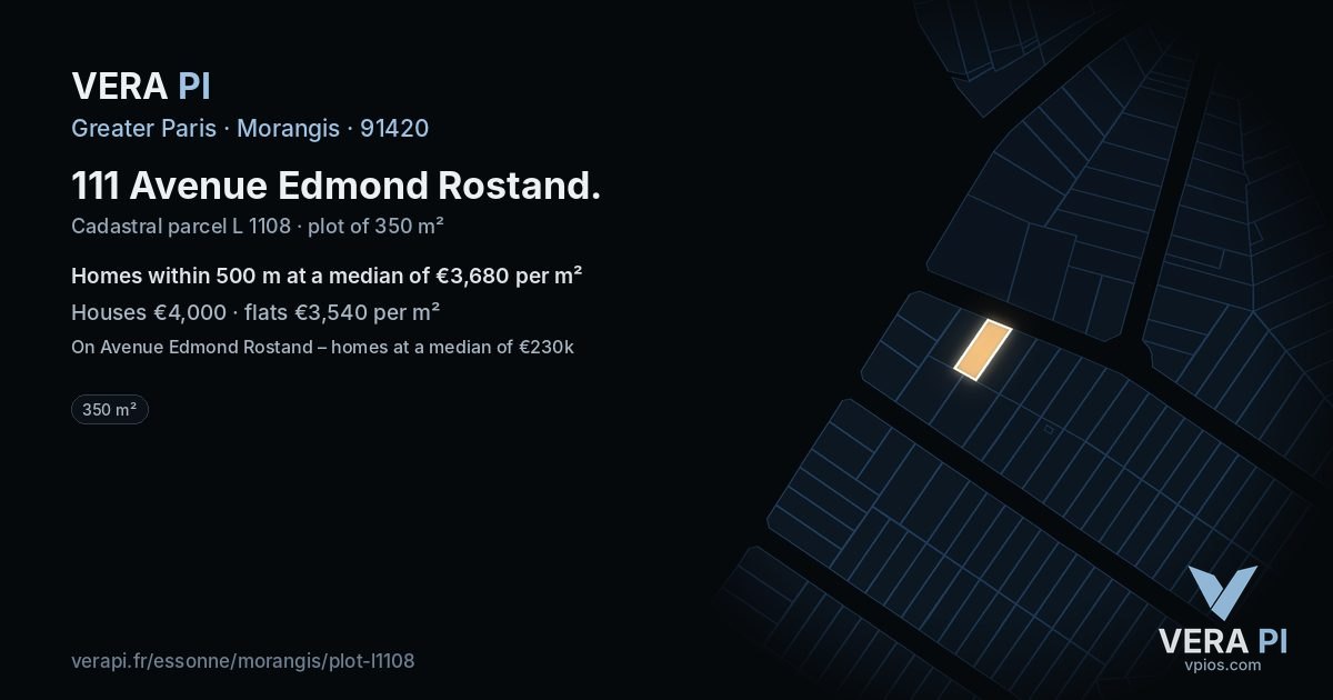 111 Avenue Edmond Rostand, Morangis at night – the plot lit, the parcels around coloured by the prices near them