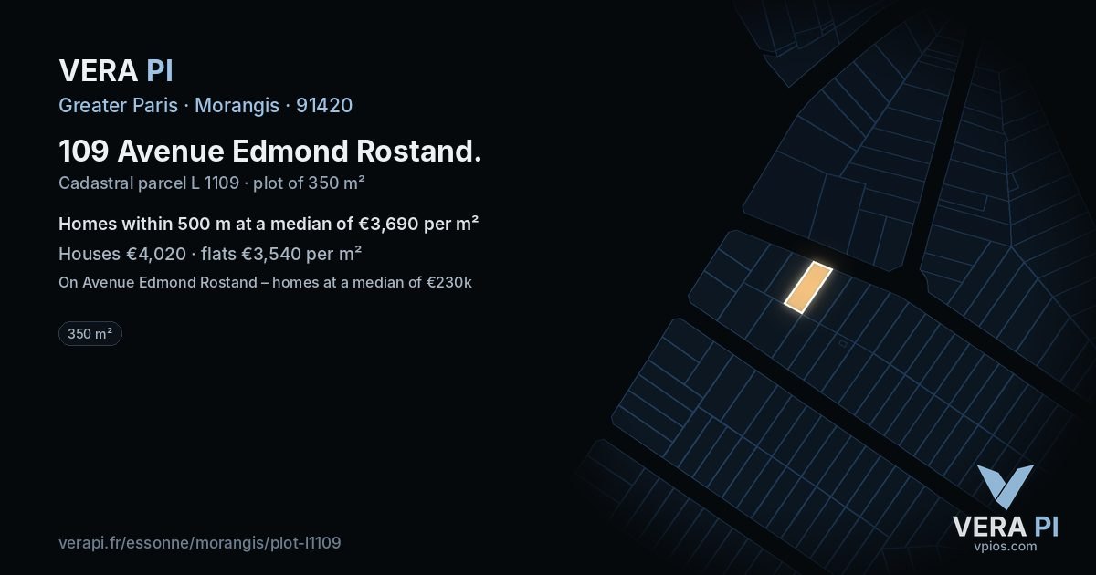 109 Avenue Edmond Rostand, Morangis at night – the plot lit, the parcels around coloured by the prices near them