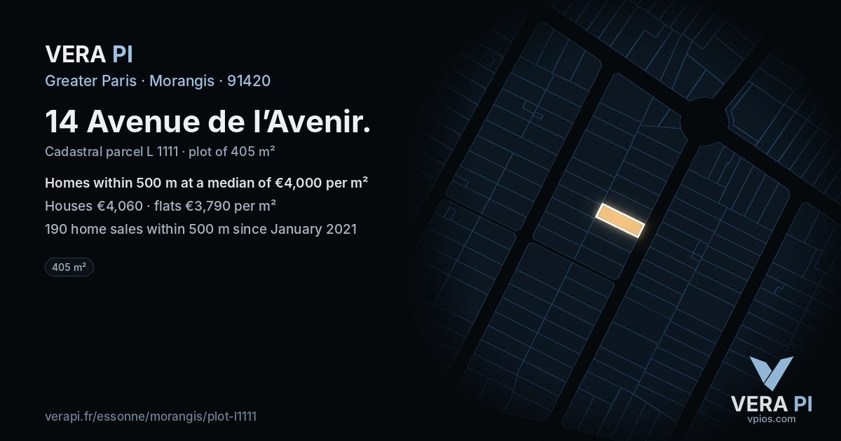 14 Avenue de l’Avenir, Morangis at night – the plot lit, the parcels around coloured by the prices near them