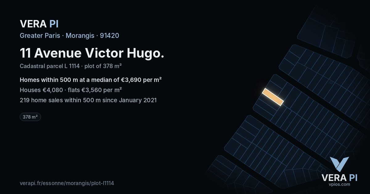 11 Avenue Victor Hugo, Morangis at night – the plot lit, the parcels around coloured by the prices near them
