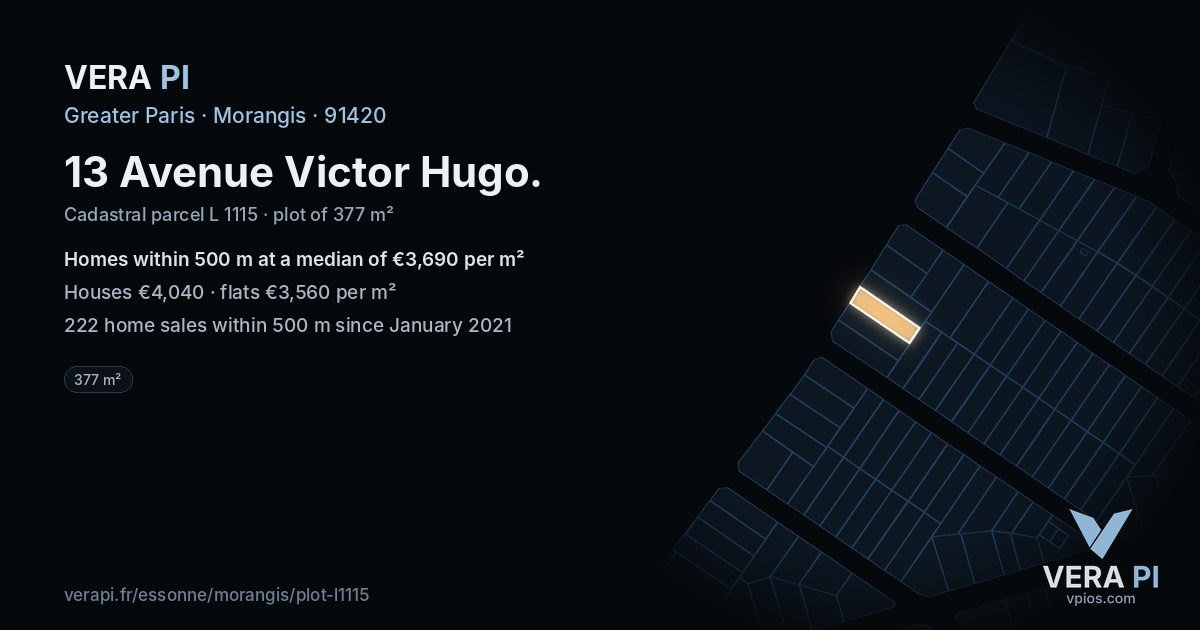 13 Avenue Victor Hugo, Morangis at night – the plot lit, the parcels around coloured by the prices near them