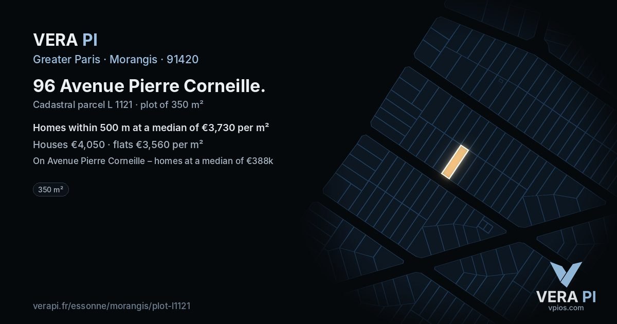 96 Avenue Pierre Corneille, Morangis at night – the plot lit, the parcels around coloured by the prices near them