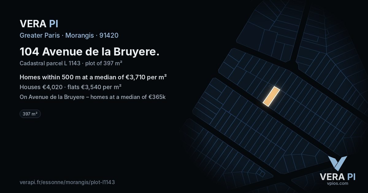 104 Avenue de la Bruyere, Morangis at night – the plot lit, the parcels around coloured by the prices near them