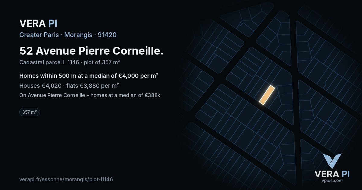 52 Avenue Pierre Corneille, Morangis at night – the plot lit, the parcels around coloured by the prices near them