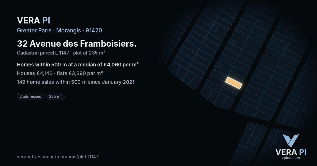 32 Avenue des Framboisiers, Morangis at night – the plot lit, the parcels around coloured by the prices near them