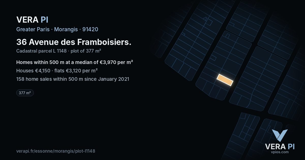 36 Avenue des Framboisiers, Morangis at night – the plot lit, the parcels around coloured by the prices near them