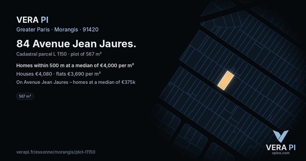 84 Avenue Jean Jaures, Morangis at night – the plot lit, the parcels around coloured by the prices near them