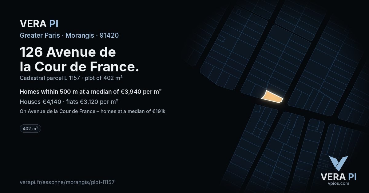 126 Avenue de la Cour de France, Morangis at night – the plot lit, the parcels around coloured by the prices near them