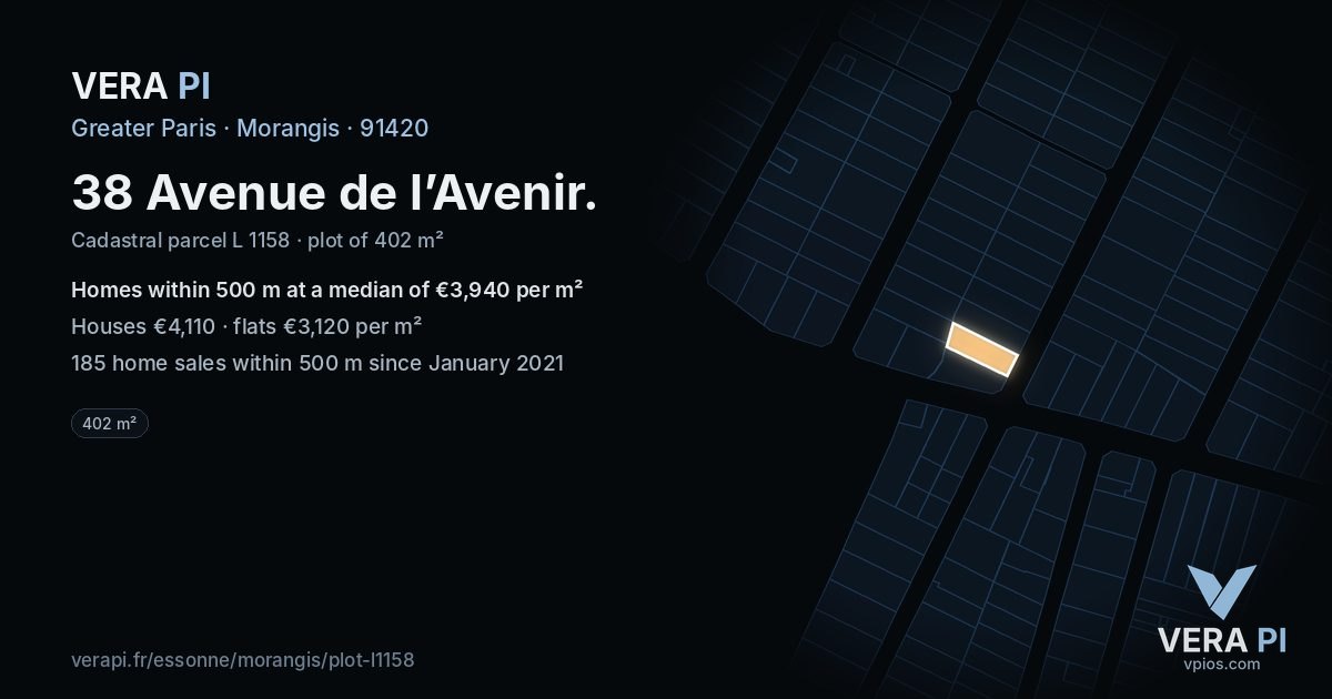 38 Avenue de l’Avenir, Morangis at night – the plot lit, the parcels around coloured by the prices near them