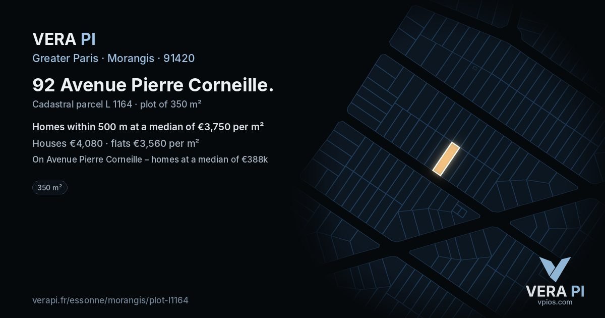 92 Avenue Pierre Corneille, Morangis at night – the plot lit, the parcels around coloured by the prices near them