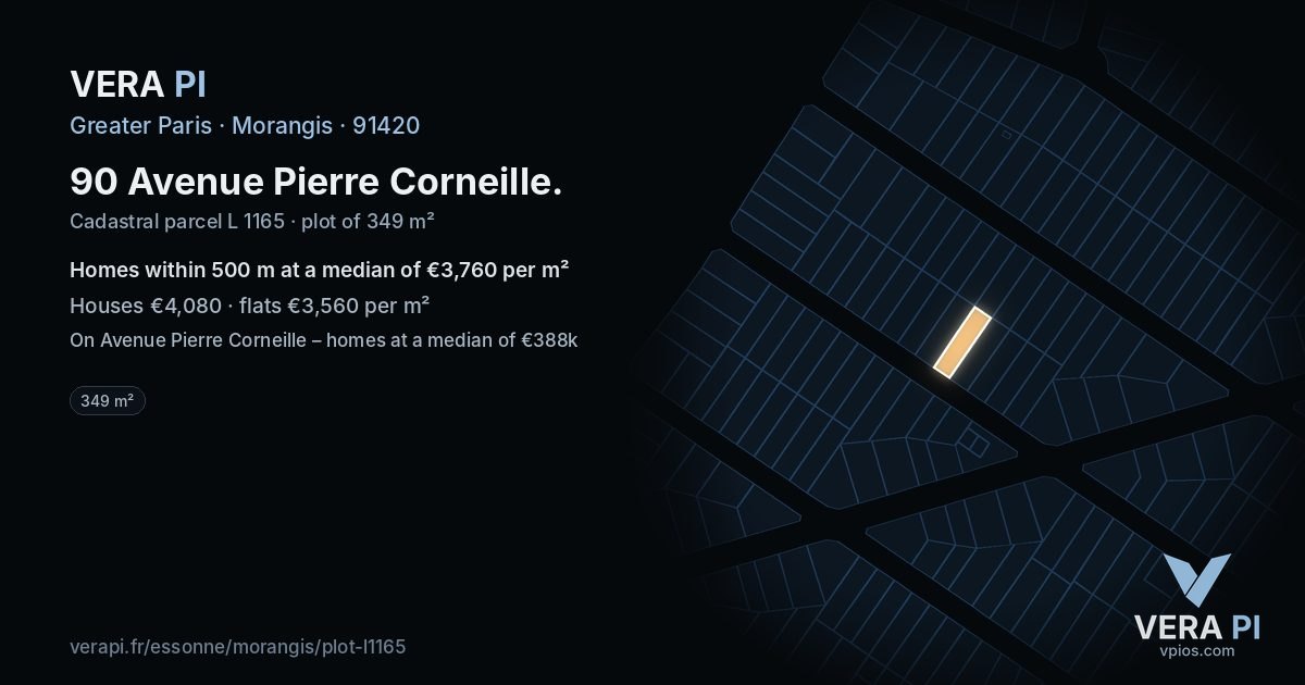 90 Avenue Pierre Corneille, Morangis at night – the plot lit, the parcels around coloured by the prices near them