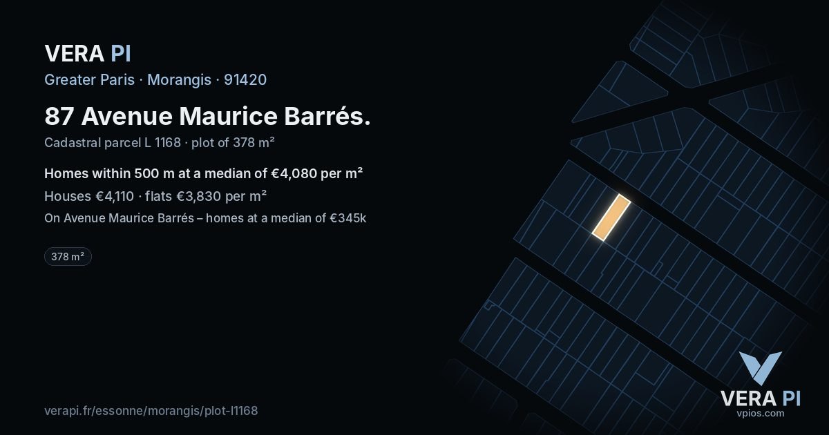 87 Avenue Maurice Barrés, Morangis at night – the plot lit, the parcels around coloured by the prices near them