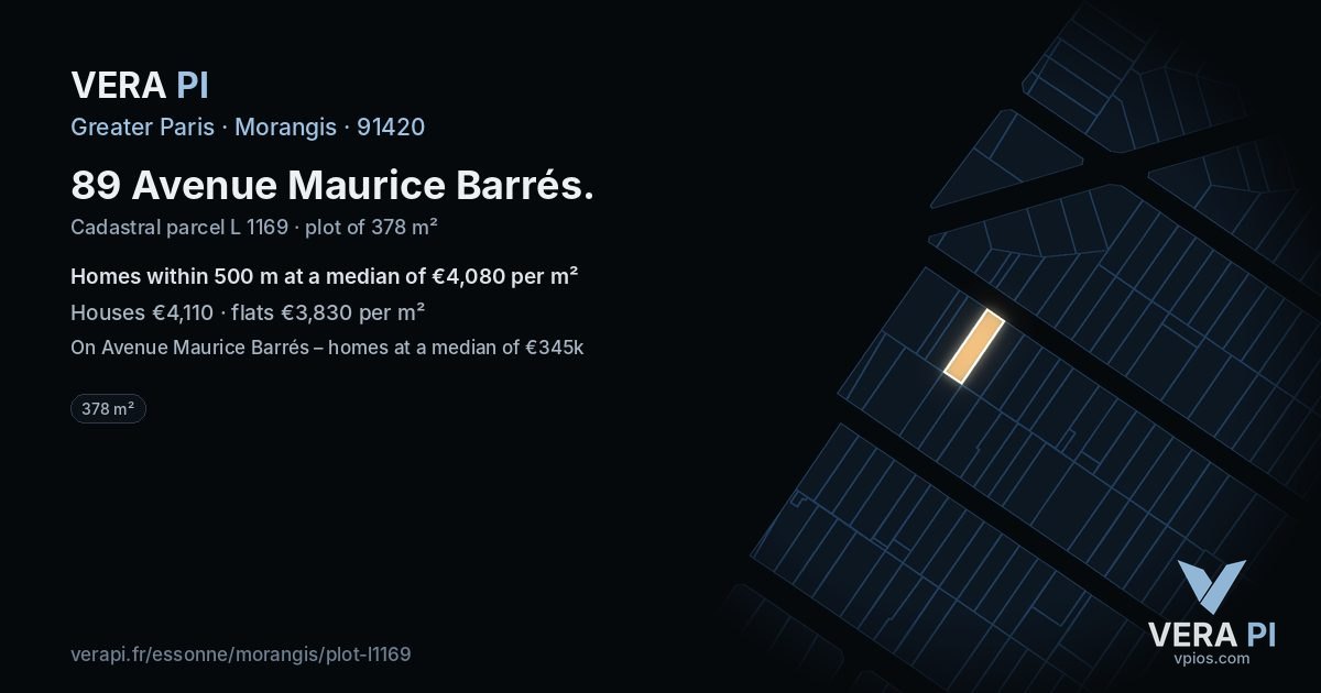 89 Avenue Maurice Barrés, Morangis at night – the plot lit, the parcels around coloured by the prices near them