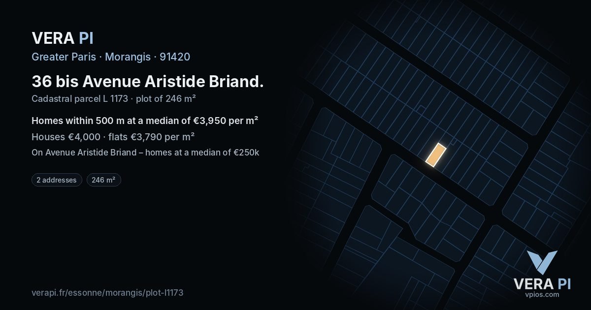 36 bis Avenue Aristide Briand, Morangis at night – the plot lit, the parcels around coloured by the prices near them