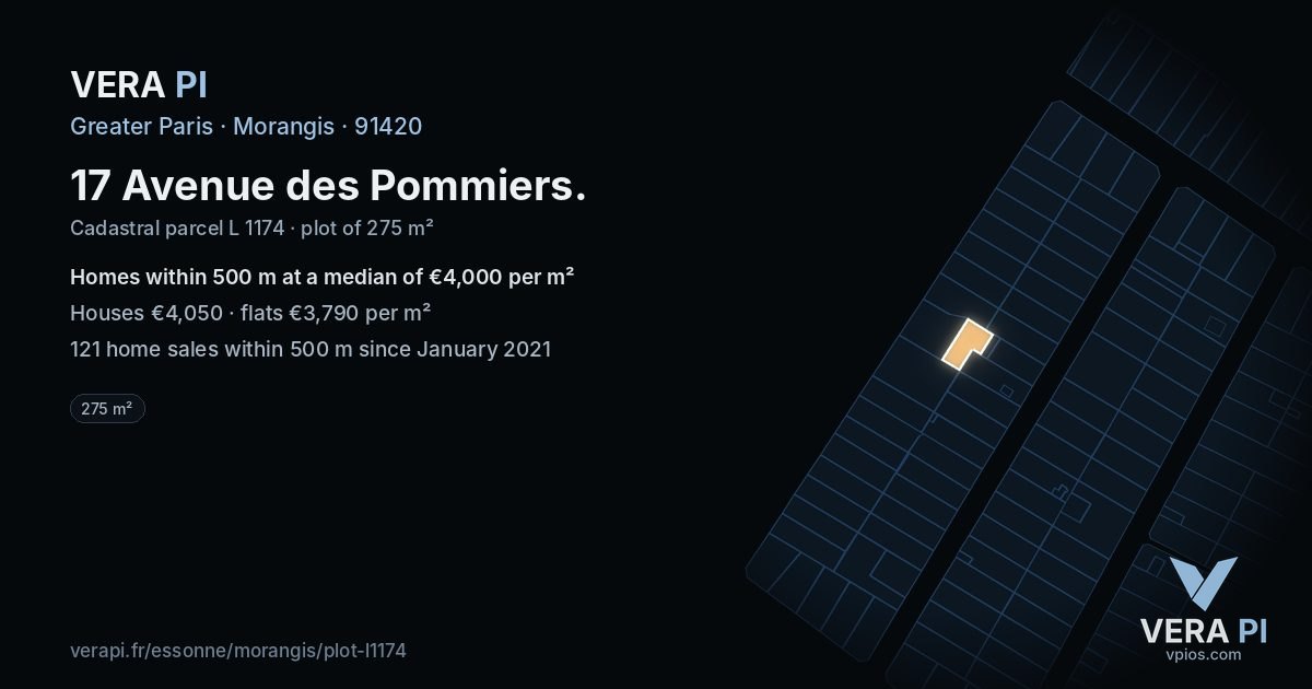 17 Avenue des Pommiers, Morangis at night – the plot lit, the parcels around coloured by the prices near them