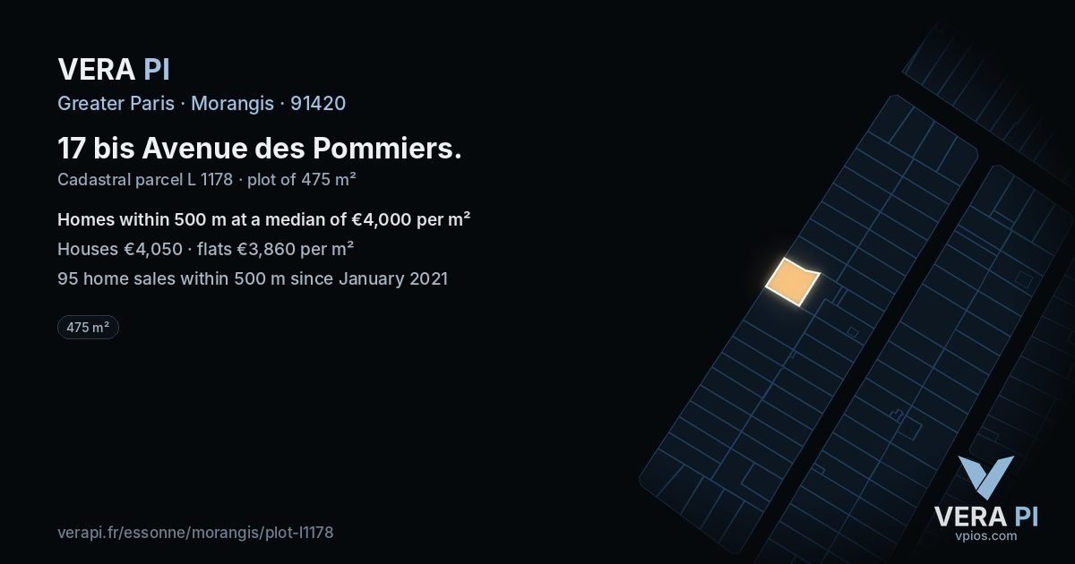 17 bis Avenue des Pommiers, Morangis at night – the plot lit, the parcels around coloured by the prices near them