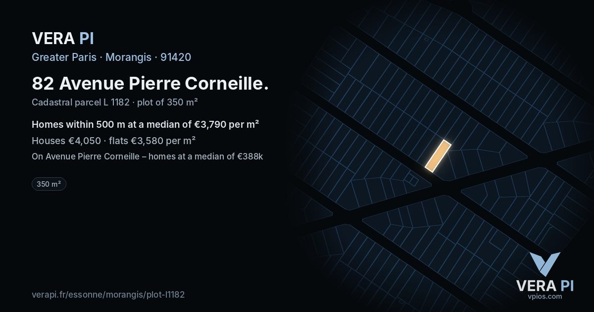 82 Avenue Pierre Corneille, Morangis at night – the plot lit, the parcels around coloured by the prices near them