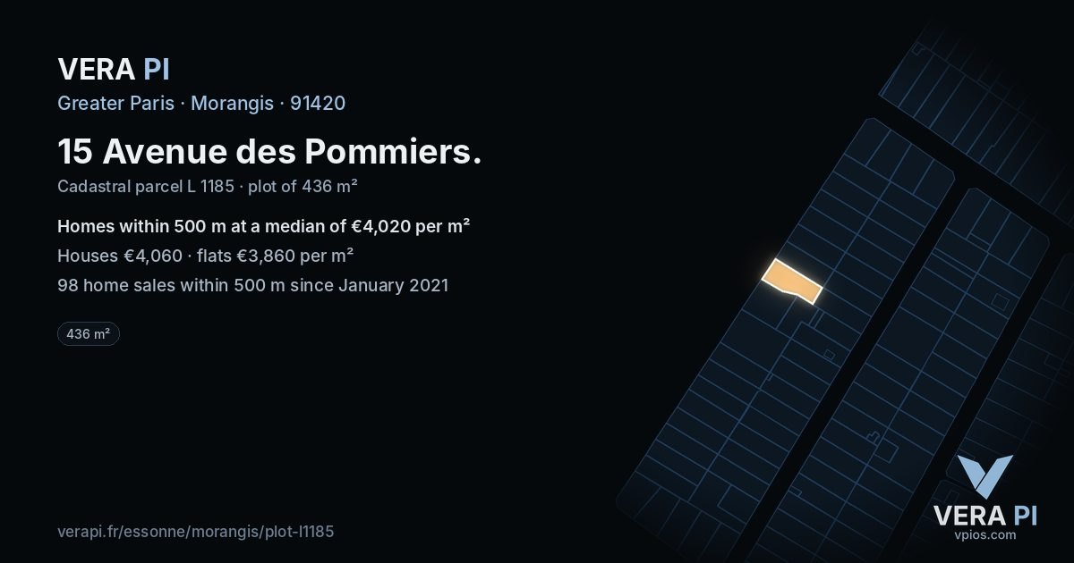 15 Avenue des Pommiers, Morangis at night – the plot lit, the parcels around coloured by the prices near them
