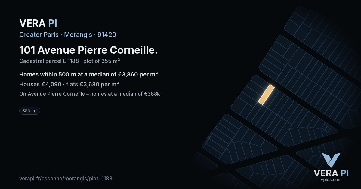 101 Avenue Pierre Corneille, Morangis at night – the plot lit, the parcels around coloured by the prices near them
