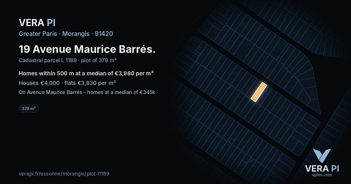 19 Avenue Maurice Barrés, Morangis at night – the plot lit, the parcels around coloured by the prices near them