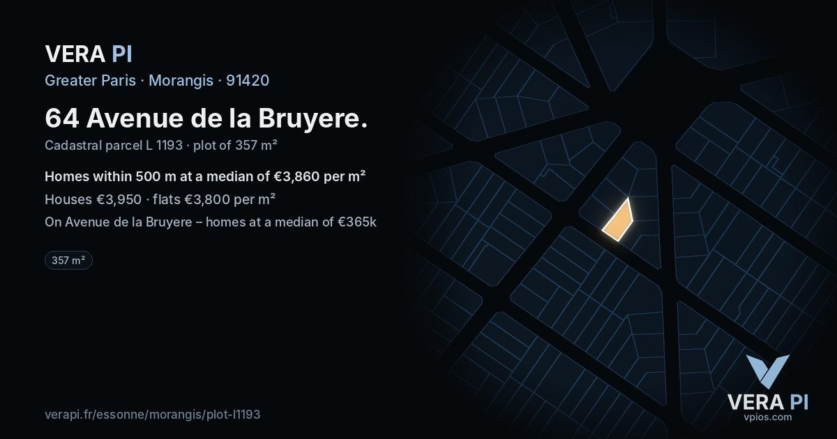 64 Avenue de la Bruyere, Morangis at night – the plot lit, the parcels around coloured by the prices near them