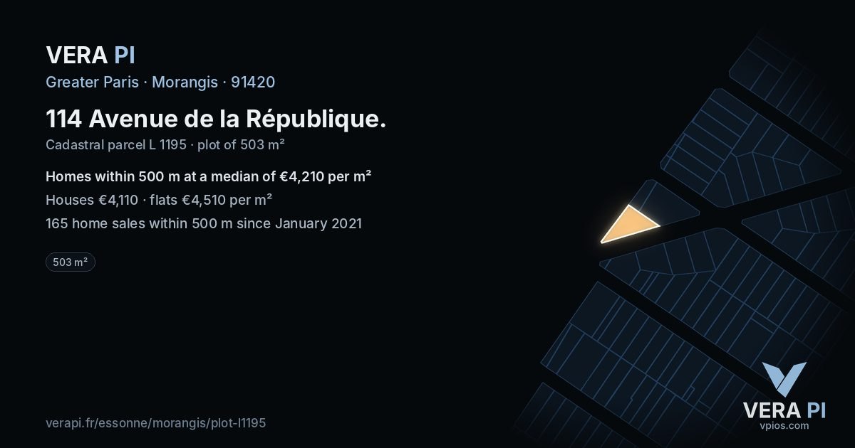 114 Avenue de la République, Morangis at night – the plot lit, the parcels around coloured by the prices near them