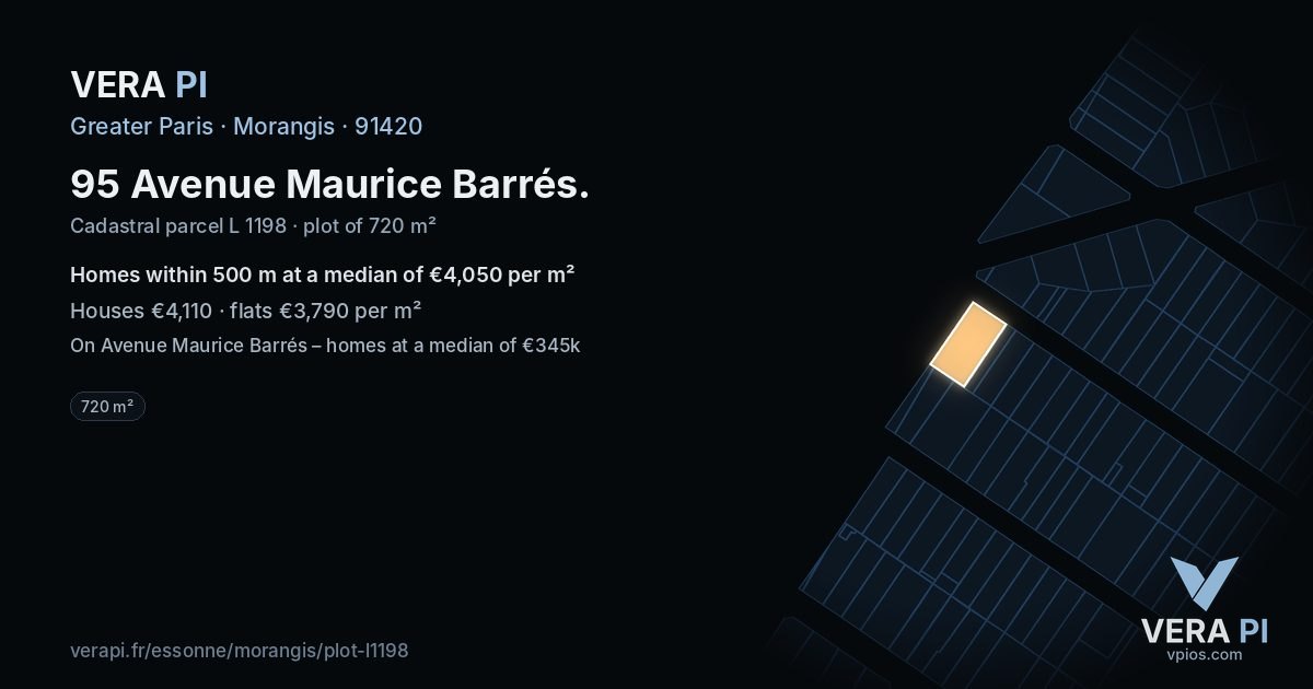 95 Avenue Maurice Barrés, Morangis at night – the plot lit, the parcels around coloured by the prices near them