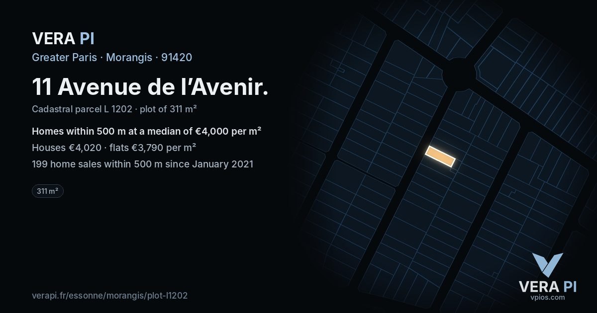 11 Avenue de l’Avenir, Morangis at night – the plot lit, the parcels around coloured by the prices near them