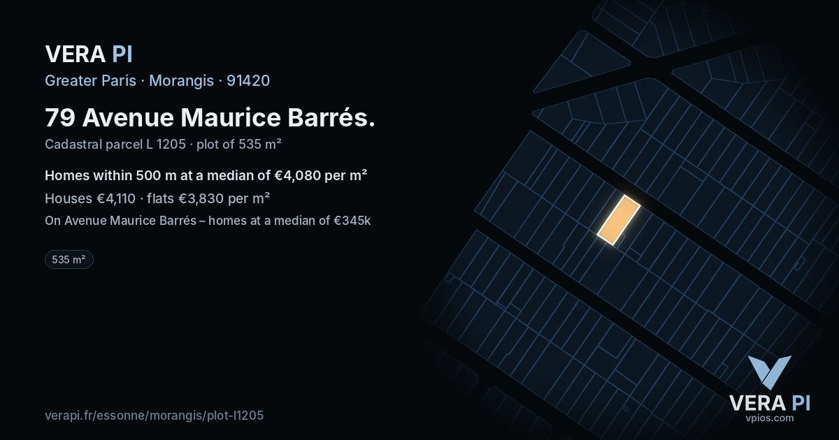79 Avenue Maurice Barrés, Morangis at night – the plot lit, the parcels around coloured by the prices near them
