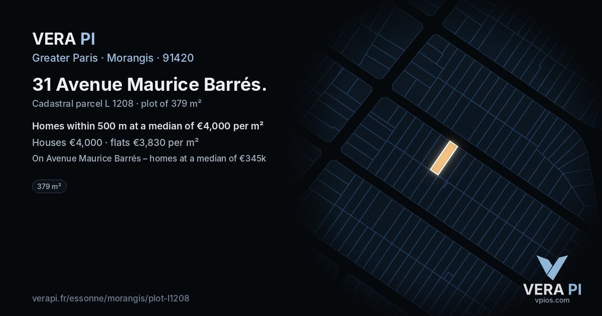 31 Avenue Maurice Barrés, Morangis at night – the plot lit, the parcels around coloured by the prices near them