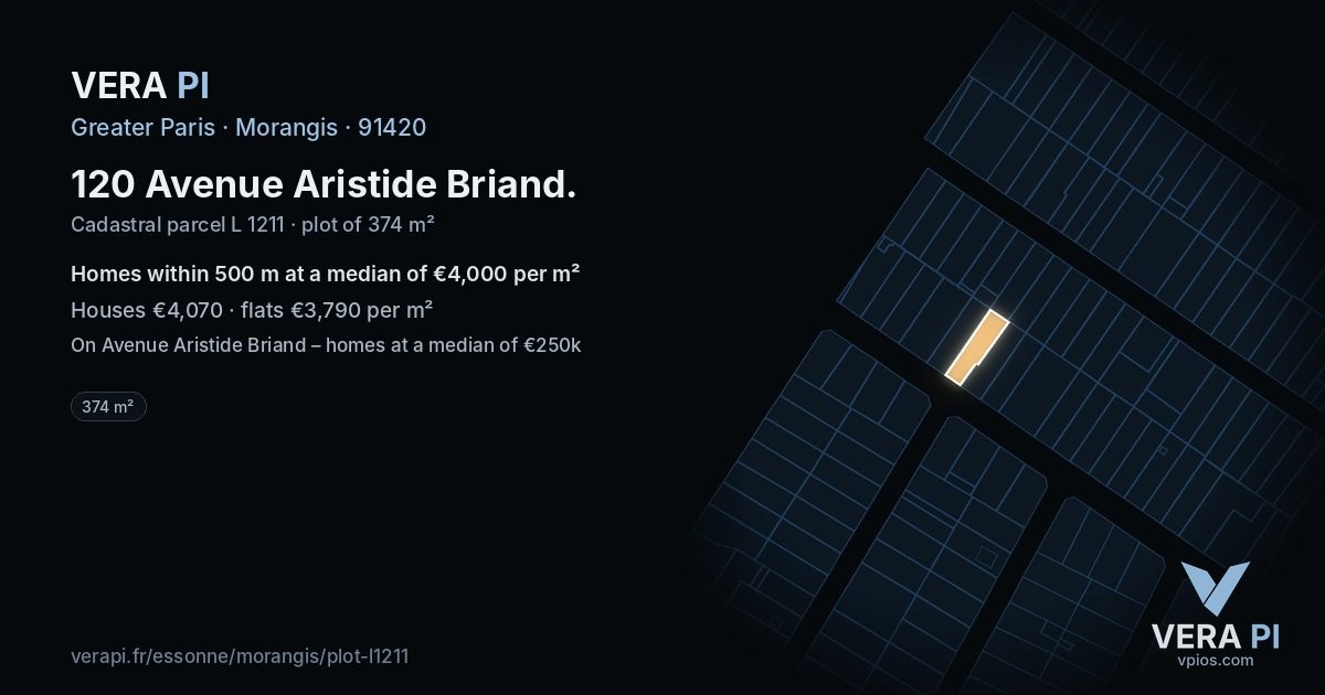 120 Avenue Aristide Briand, Morangis at night – the plot lit, the parcels around coloured by the prices near them