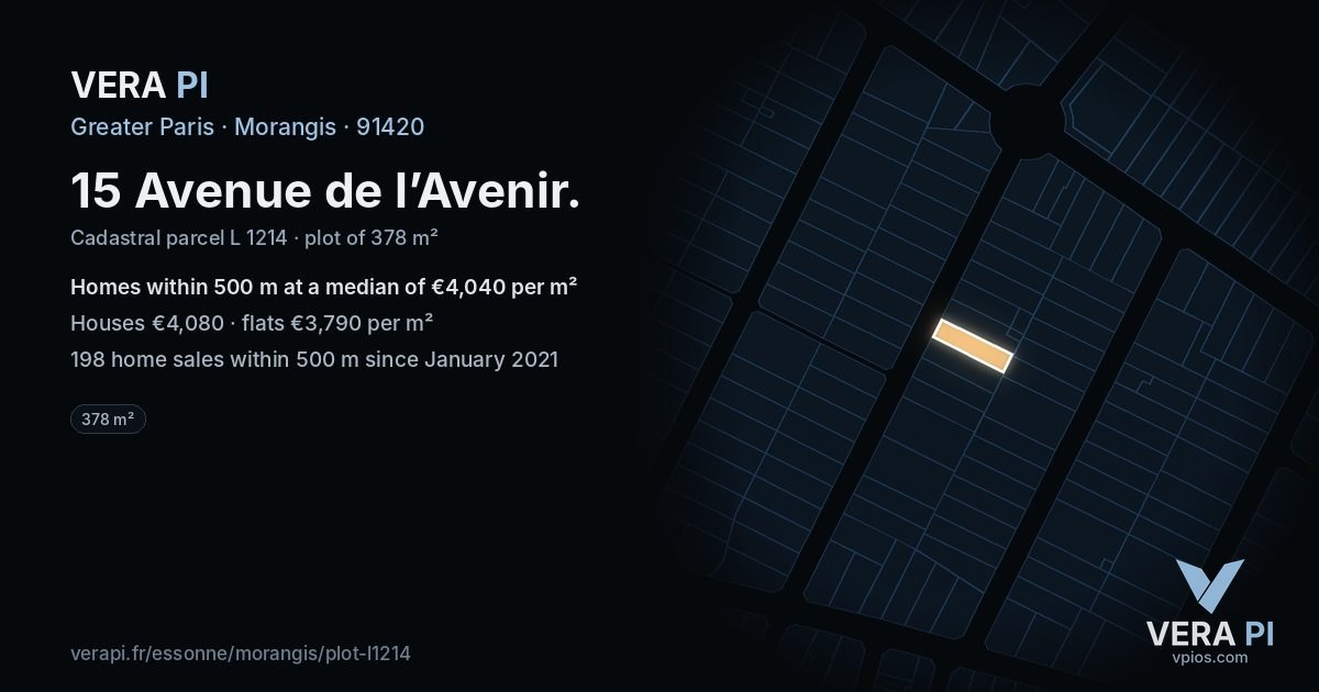 15 Avenue de l’Avenir, Morangis at night – the plot lit, the parcels around coloured by the prices near them