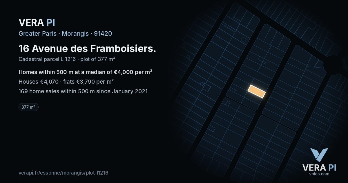 16 Avenue des Framboisiers, Morangis at night – the plot lit, the parcels around coloured by the prices near them