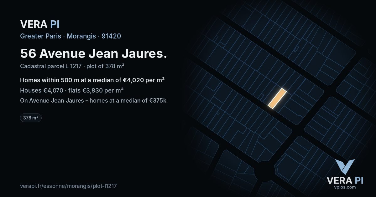 56 Avenue Jean Jaures, Morangis at night – the plot lit, the parcels around coloured by the prices near them