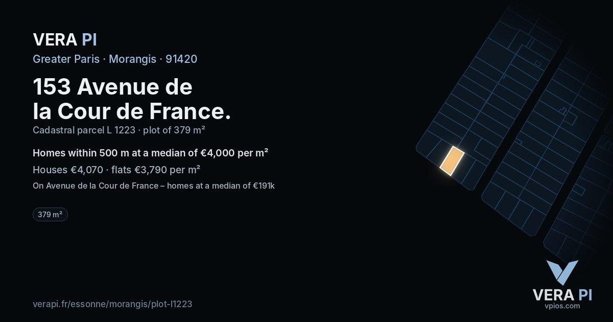 153 Avenue de la Cour de France, Morangis at night – the plot lit, the parcels around coloured by the prices near them