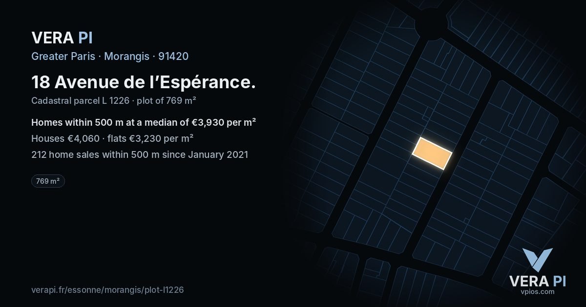 18 Avenue de l’Espérance, Morangis at night – the plot lit, the parcels around coloured by the prices near them