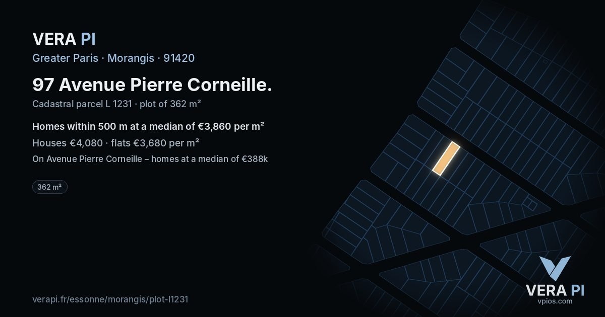 97 Avenue Pierre Corneille, Morangis at night – the plot lit, the parcels around coloured by the prices near them