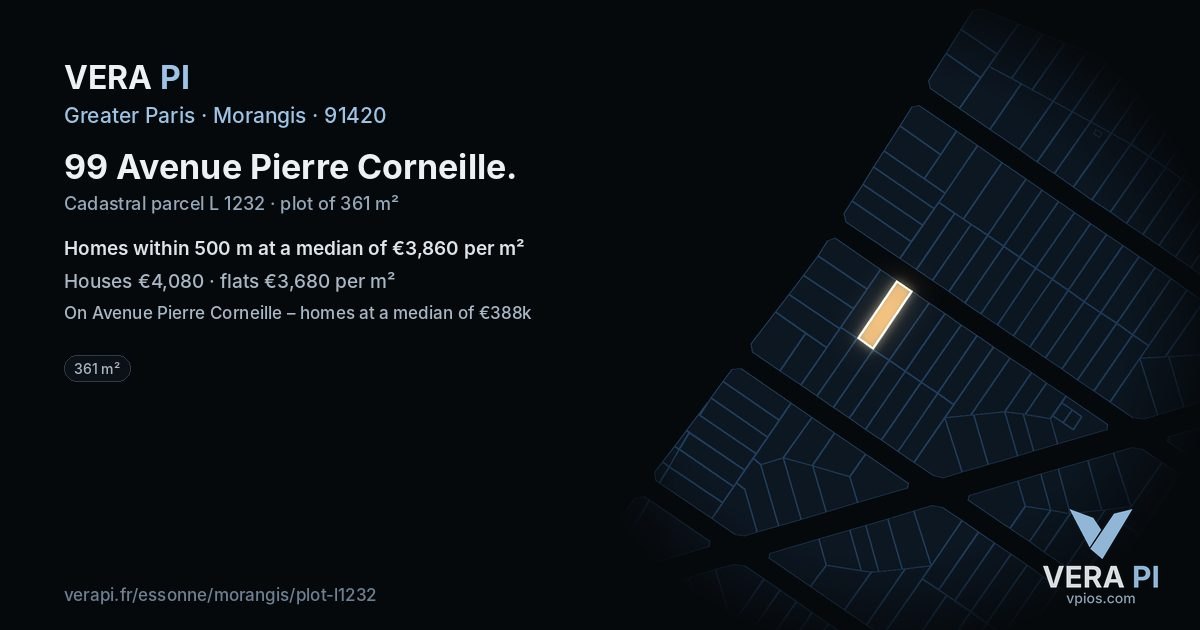 99 Avenue Pierre Corneille, Morangis at night – the plot lit, the parcels around coloured by the prices near them